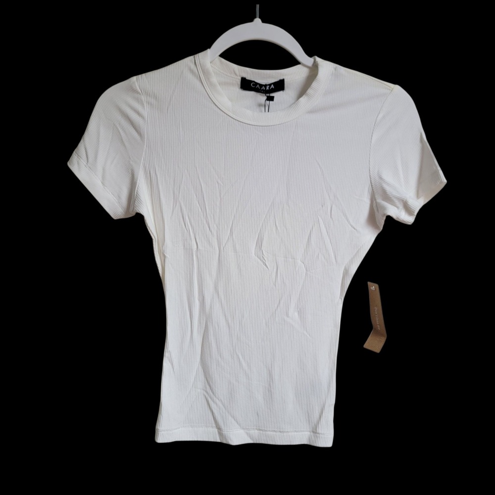 NWT CAARA Off-White Ribbed Short Sleeve Stretch Crew Neck‎ Tee Shirt Size Small